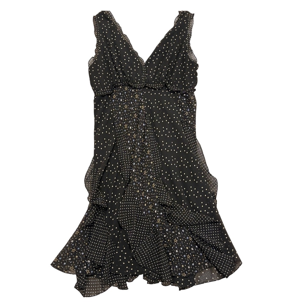 Chelsea & Violet Black Celestial Star Polka Dot Ruffle Tiered V-Neck Dress Small